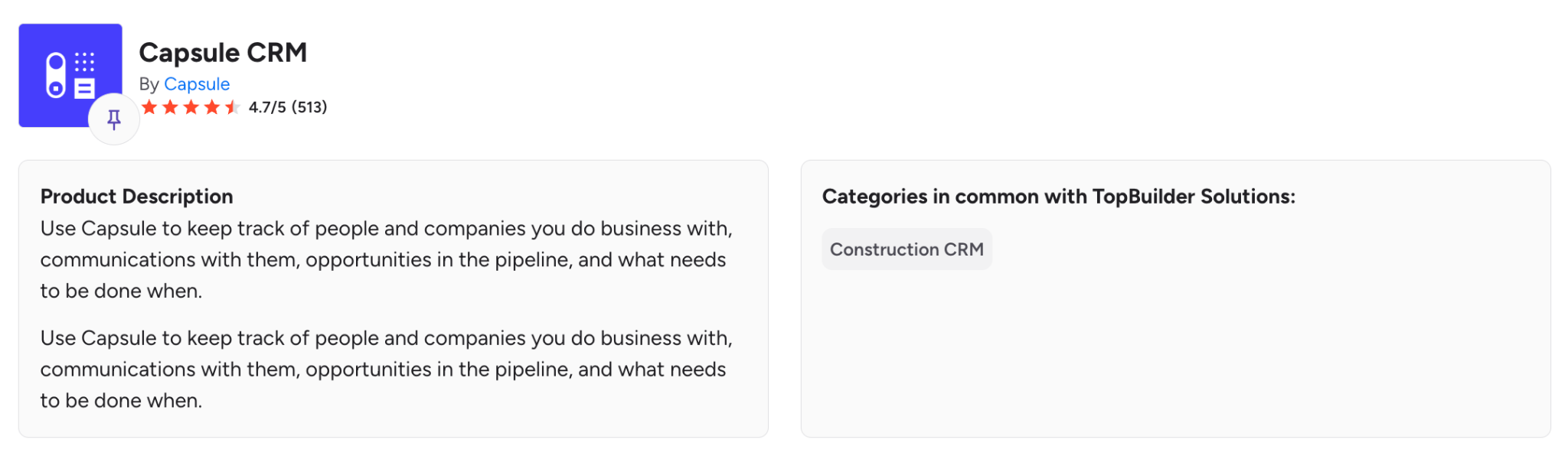 Product listing for Capsule CRM with a 4.7-star rating, a product description, and categorized as Construction CRM.