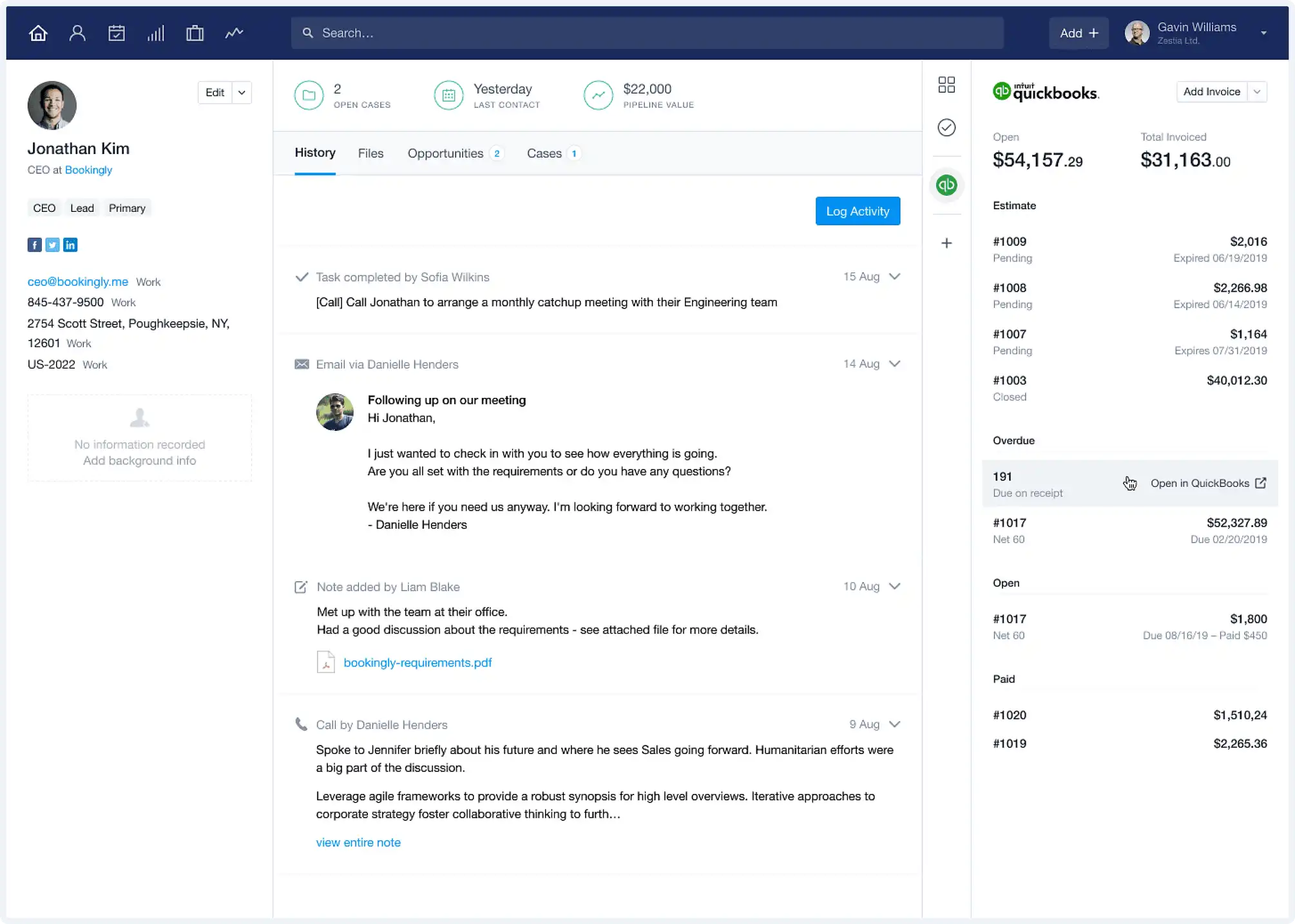 una captura de pantalla del perfil de jonathan kim en quickbooks
