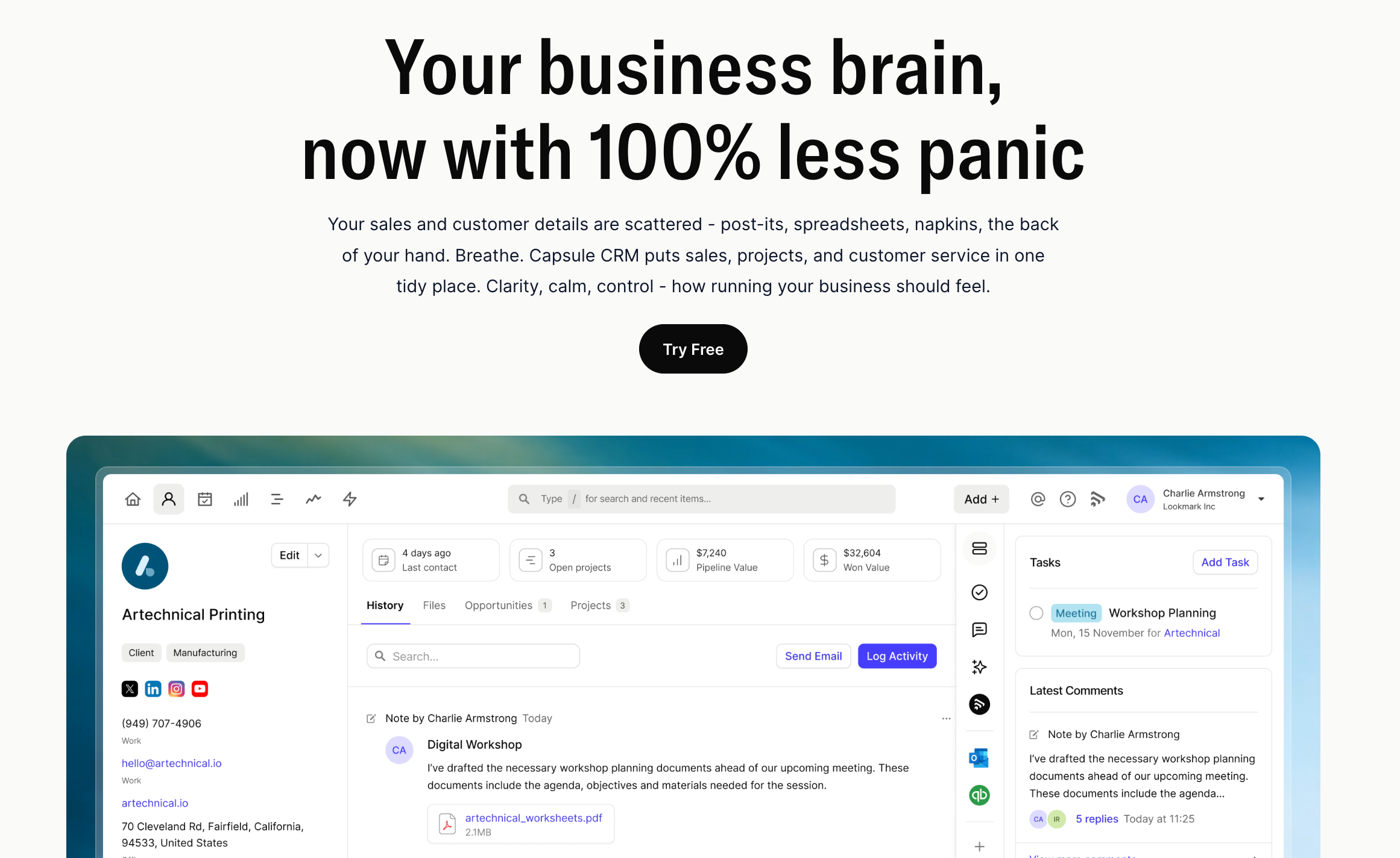 A webpage featuring the headline "Your business brain, now with 100% less panic" above a Capsule CRM interface displaying customer contact, history, and tasks.