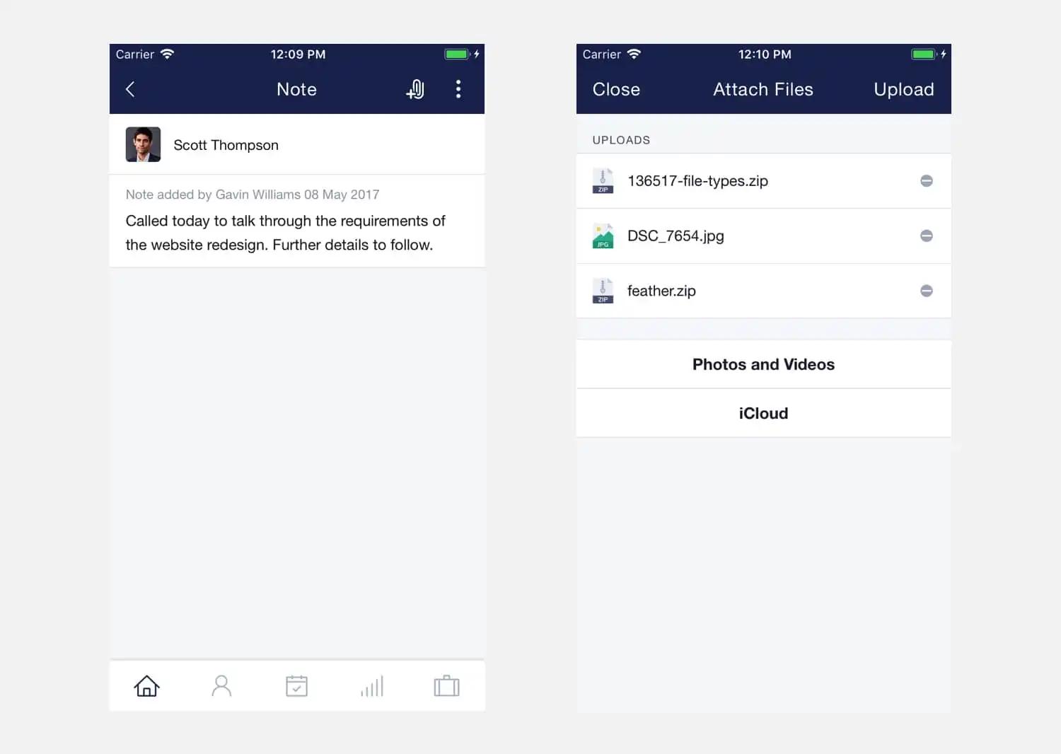 Uploading files to Capsule CRM app.