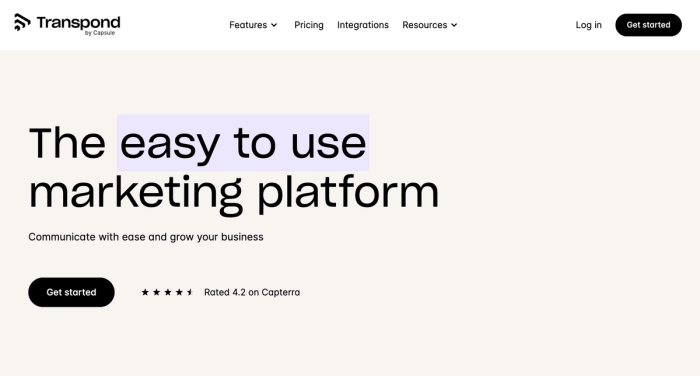 View of Transpond's website. The header text reads The easy to use marketing platform