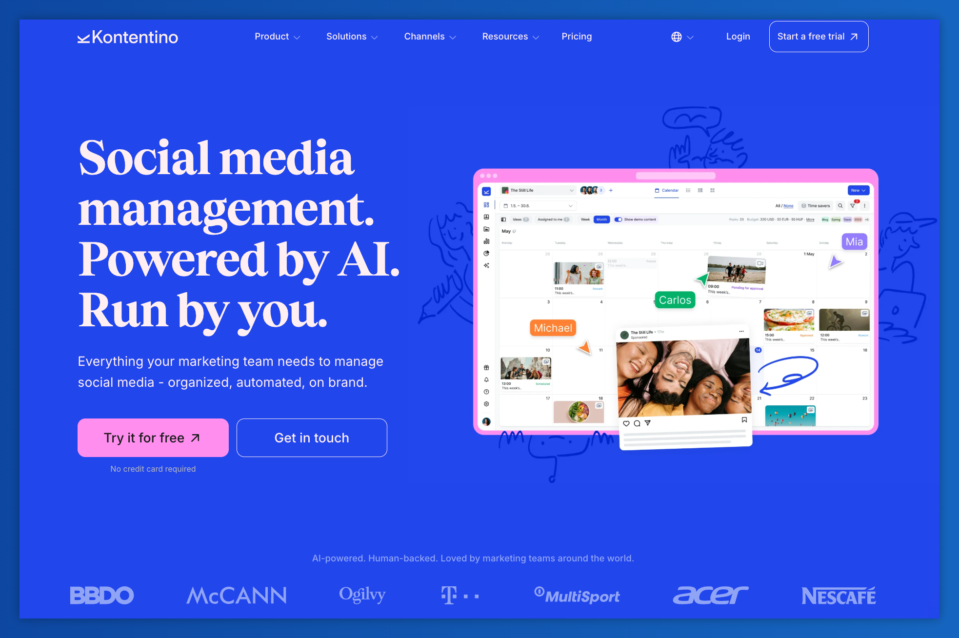 Kontentino's landing page advertises AI-powered social media management, displaying its interface with a calendar of scheduled posts and user profiles.