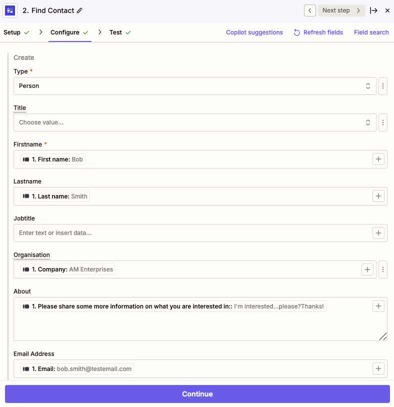 mapping typeform fields in zapier to create new capsule contact
