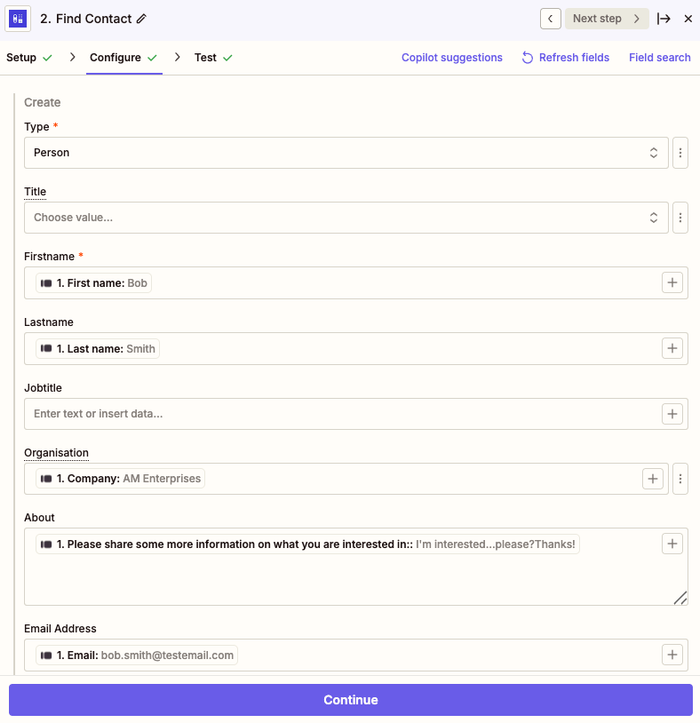 associer les champs de Typeform dans Zapier pour créer un nouveau contact dans Capsule