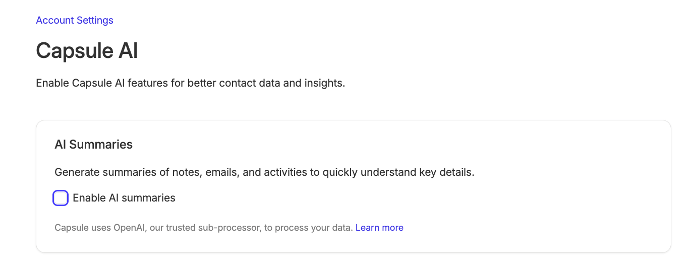configuración de cuenta del resumen de IA con la función desactivada