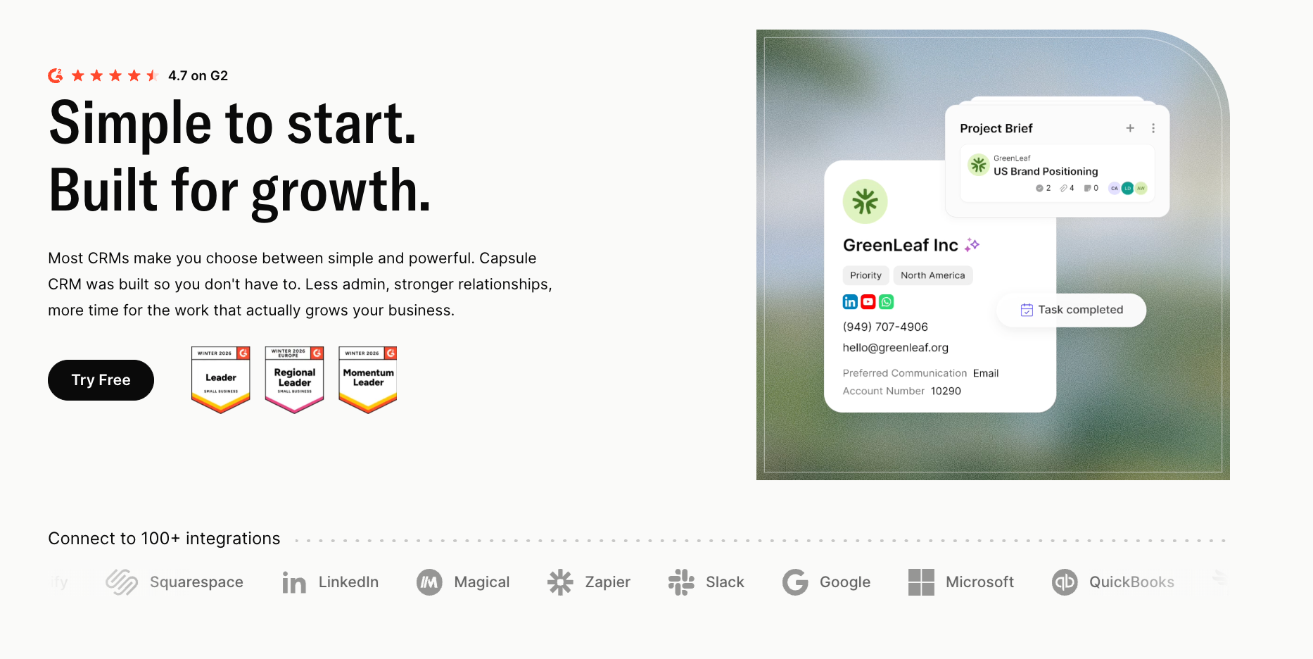 Capsule CRM landing page featuring the headline "Simple to start. Built for growth.", a client details card, a project brief, and integration partner logos.