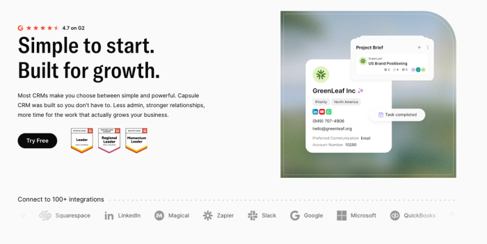 Capsule CRM landing page featuring the headline "Simple to start. Built for growth.", a client details card, a project brief, and integration partner logos.