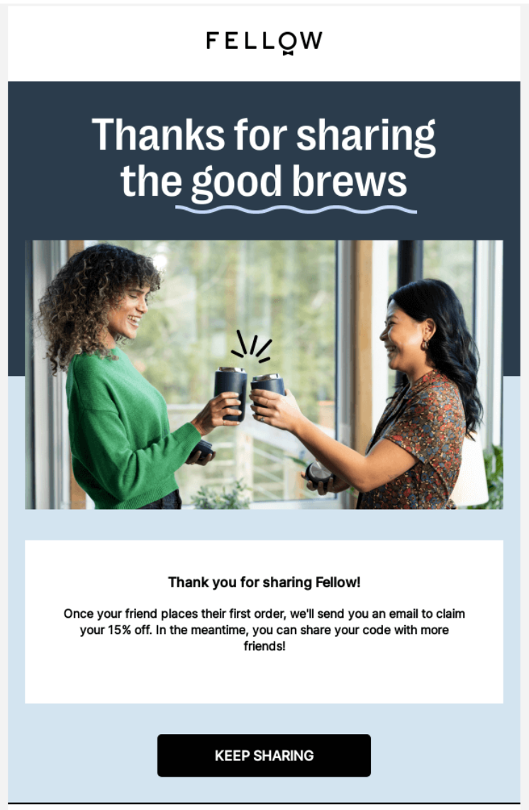 Fellow referral confirmation showing two people toasting coffee mugs, thanking users for sharing and offering 15% off after a friend's first order.