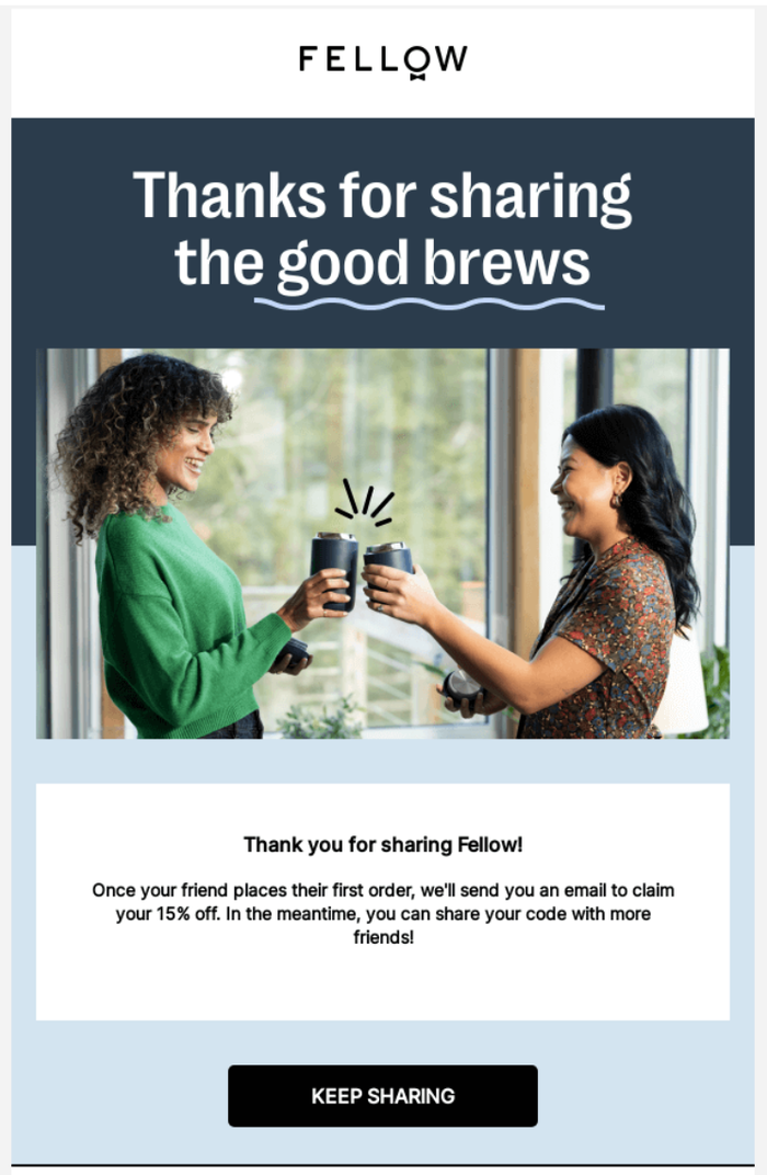 Fellow referral confirmation showing two people toasting coffee mugs, thanking users for sharing and offering 15% off after a friend's first order.