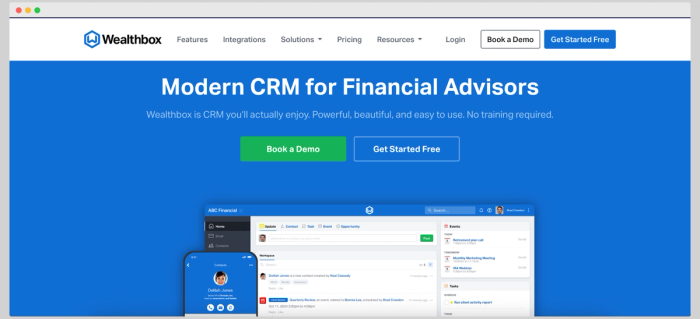 Wealthbox CRM homepage with the message “Modern CRM for Financial Advisors” over a bright blue background and product interface preview.