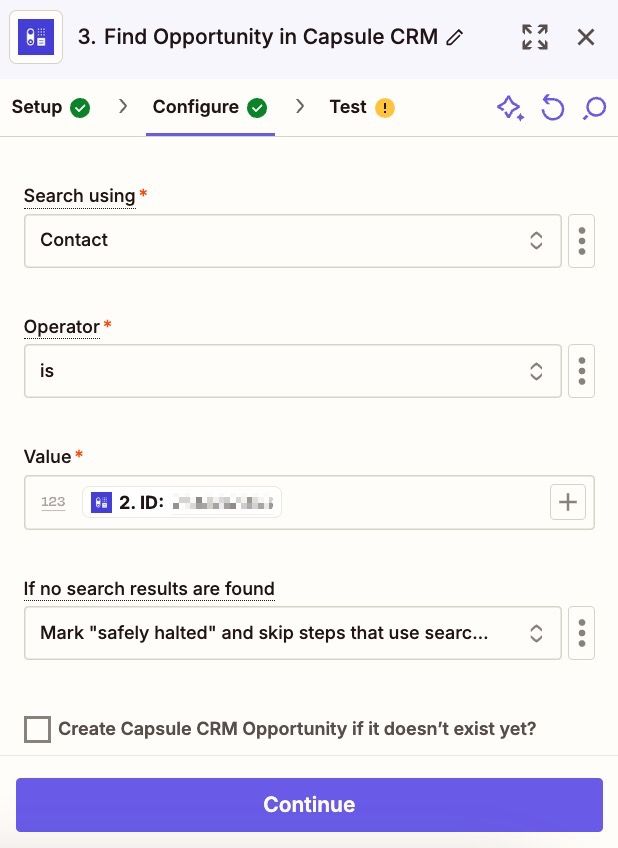 Mostrando el paso de búsqueda para encontrar una oportunidad de Capsule a través de Zapier