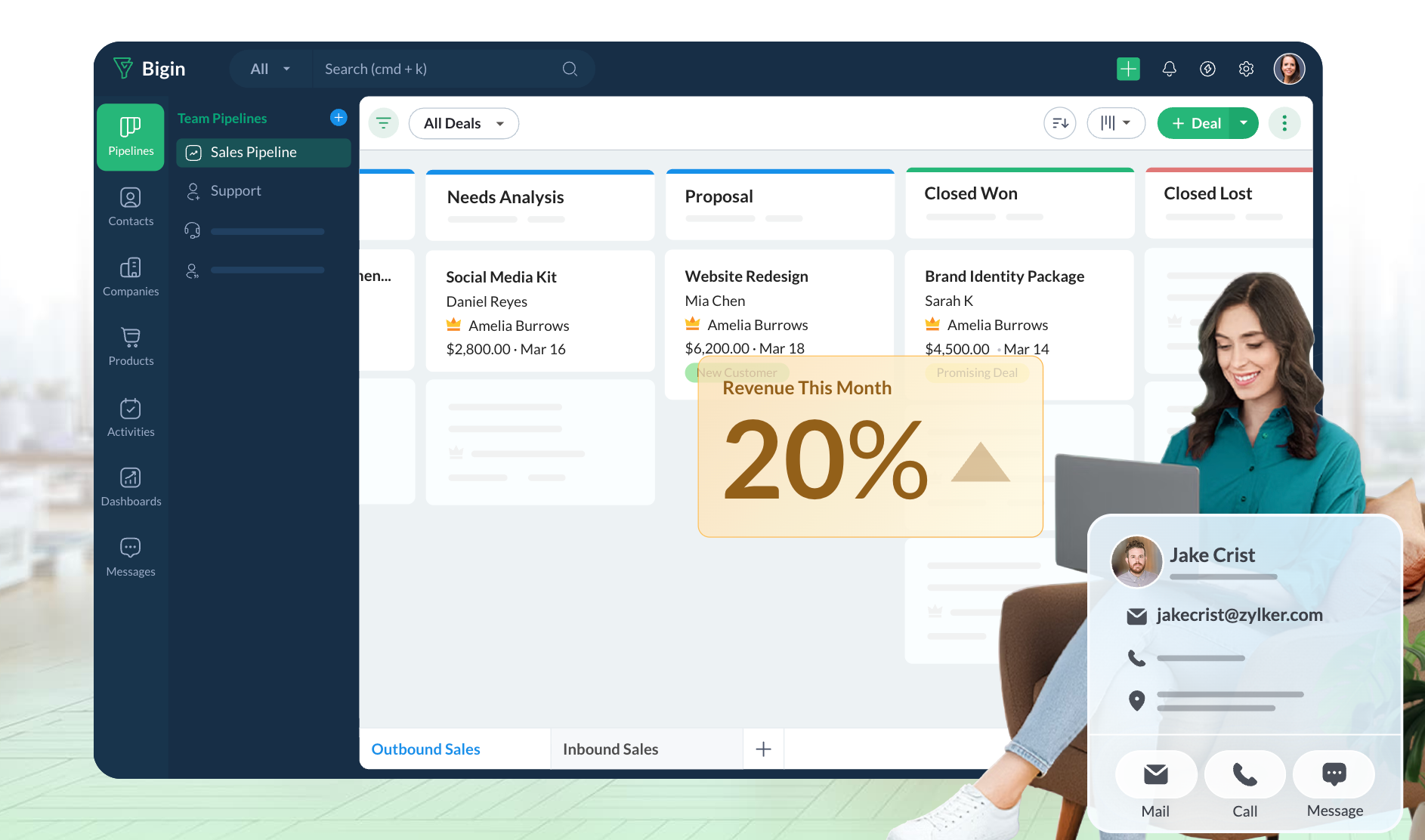 Smiling woman using a laptop beside a CRM sales pipeline interface displaying deals, a 20% revenue increase popup, and a contact card.