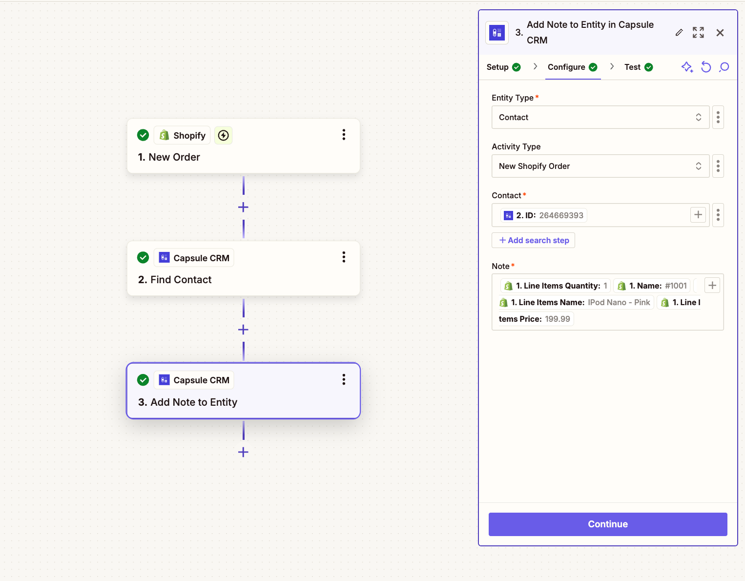 affichage de l'onglet de configuration de l'étape d'ajout de note dans le modèle Shopify de Zapier