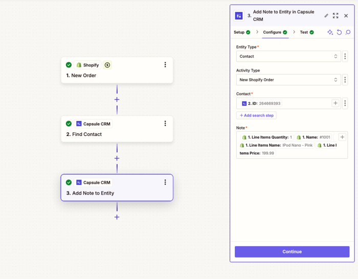 showing configure tab of add note step in shopify zapier template