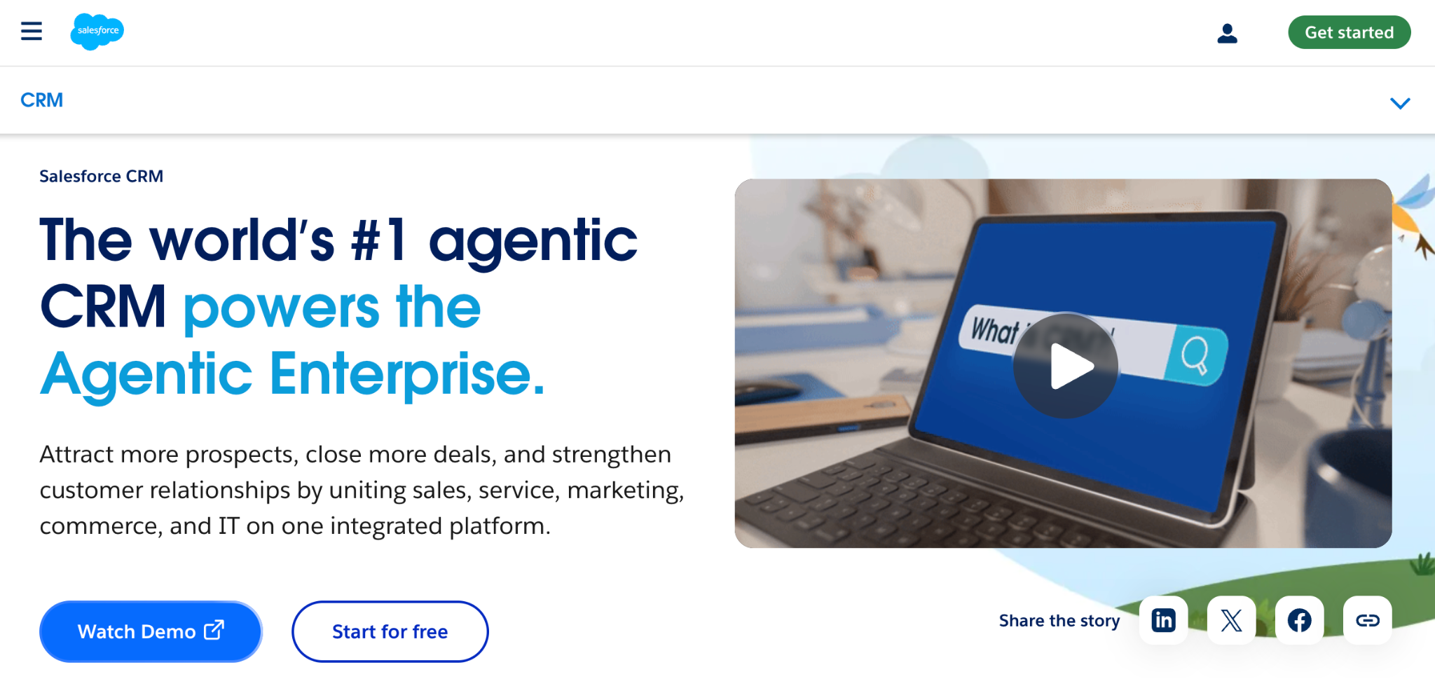 Salesforce CRM homepage with the headline "The world's #1 agentic CRM powers the Agentic Enterprise" and a video playing on a laptop.