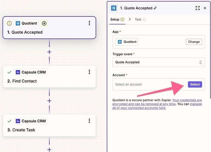 quote accepted tile with account field selected
