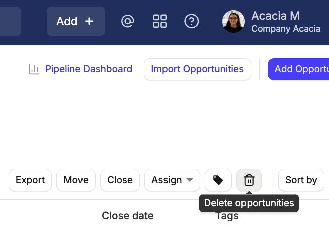 opportunity list view with bulk delete button highlighted