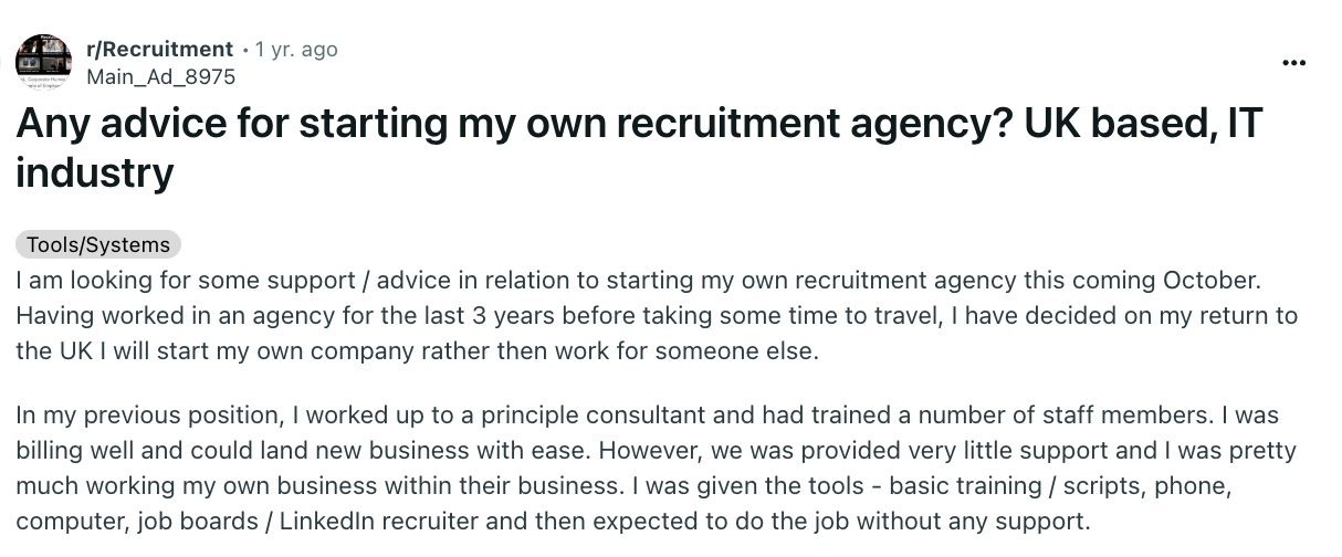 Reddit's post asking for advice on starting a recruitment agency.