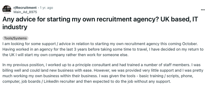 Reddit's post asking for advice on starting a recruitment agency.