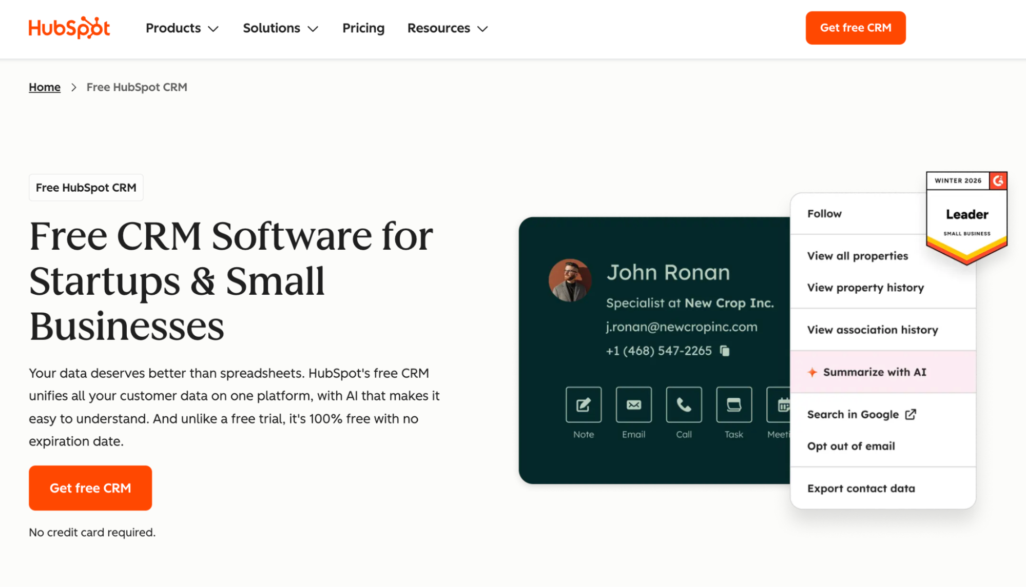 A HubSpot webpage for free CRM software, displaying a contact card with a dropdown menu open to 'Summarize with AI' and a 'G Leader Small Business' badge.