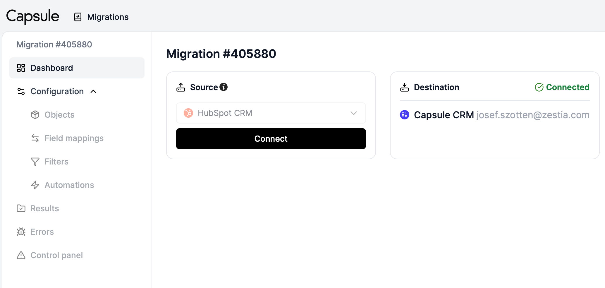 mostrando la página de destino de la importación 2 con HubSpot y Capsule seleccionados