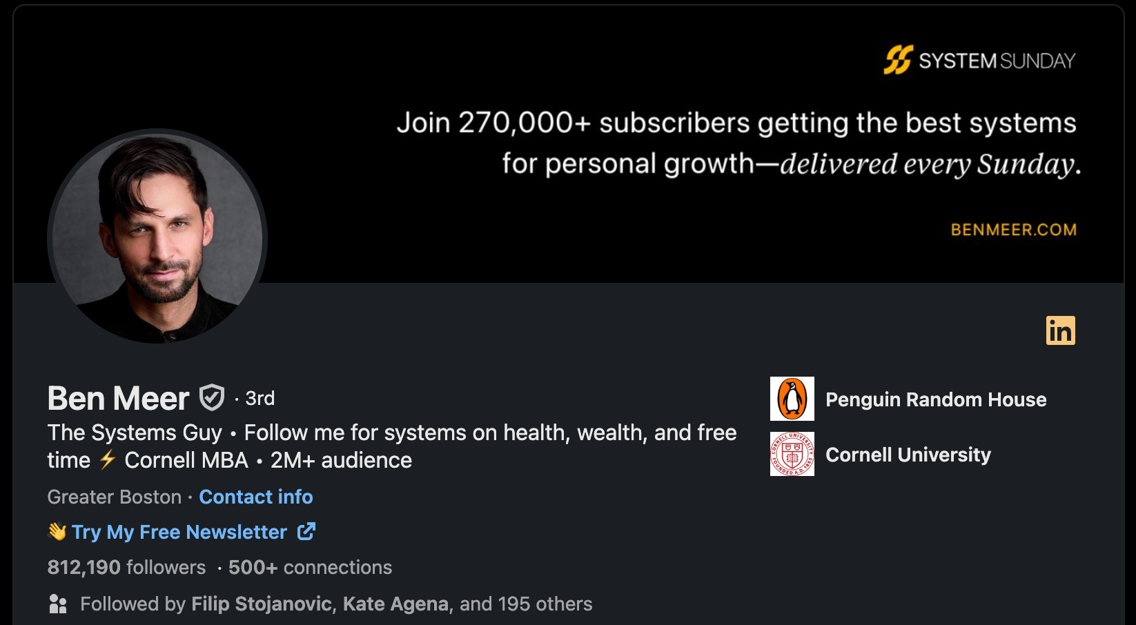 LinkedIn profile for Ben Meer with newsletter-focused banner.