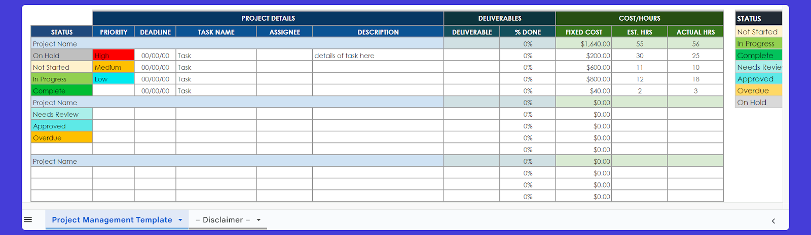 Client project overview Google Sheets template