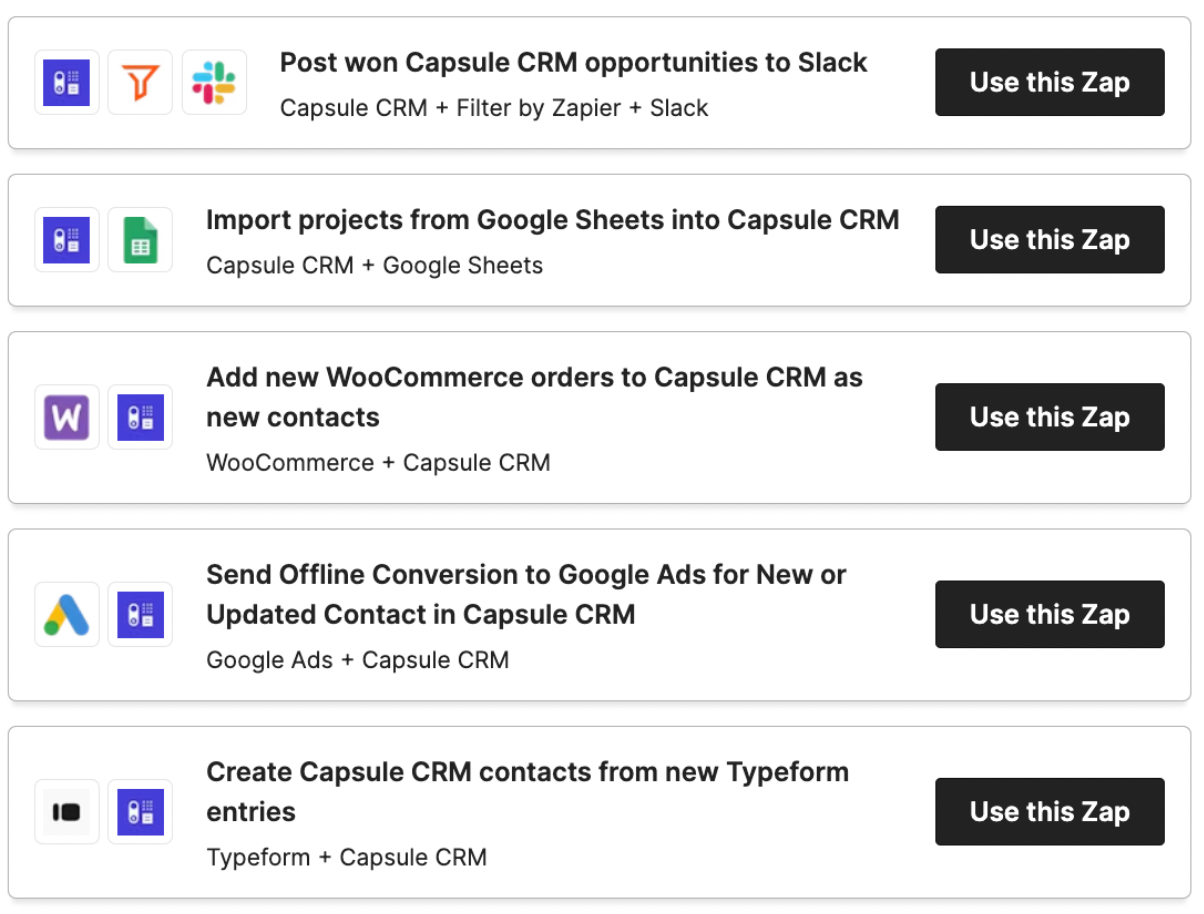 integraciones populares de Zap