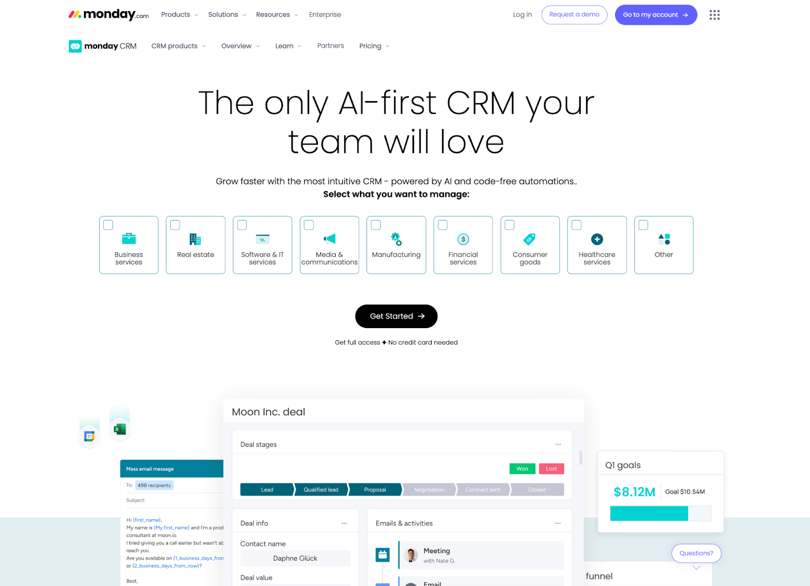 A monday.com CRM product page featuring the headline 'The only AI-first CRM your team will love,' industry selection options, and a partial view of the deal management interface.