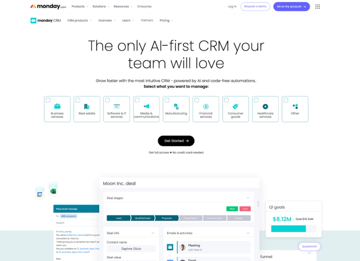 A monday.com CRM product page featuring the headline 'The only AI-first CRM your team will love,' industry selection options, and a partial view of the deal management interface.