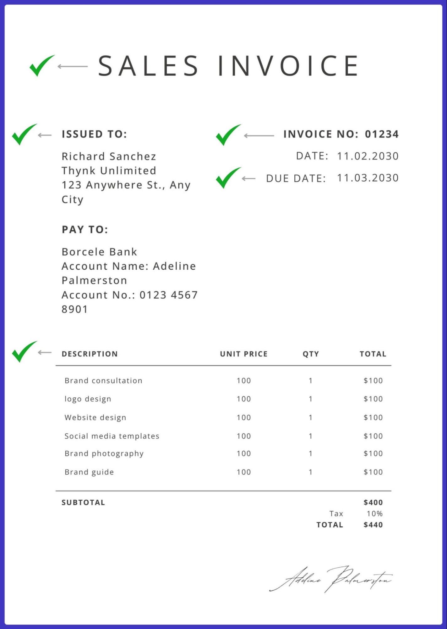 A sales invoice with a green marks on it.