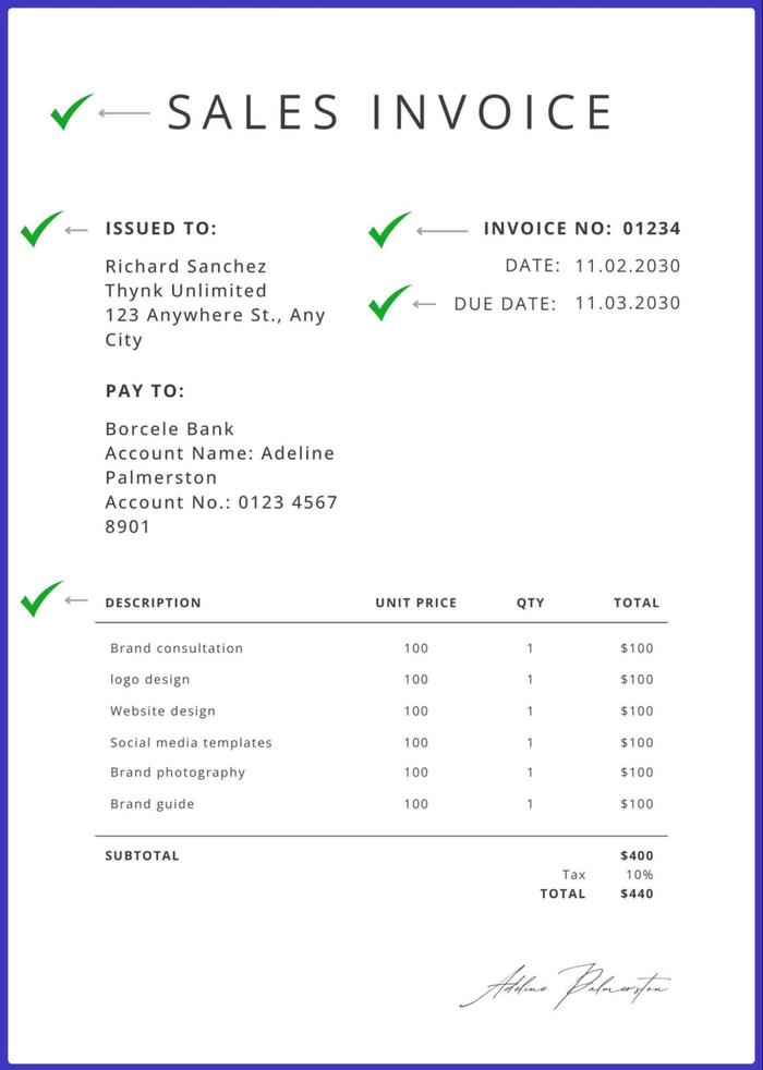 A sales invoice with a green marks on it.
