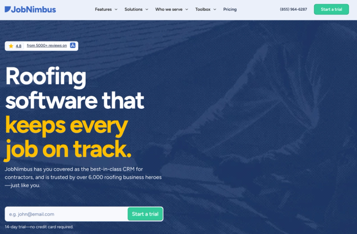 JobNimbus landing page promoting roofing software with the headline "Roofing software that keeps every job on track" and a blurred image of a roofer.