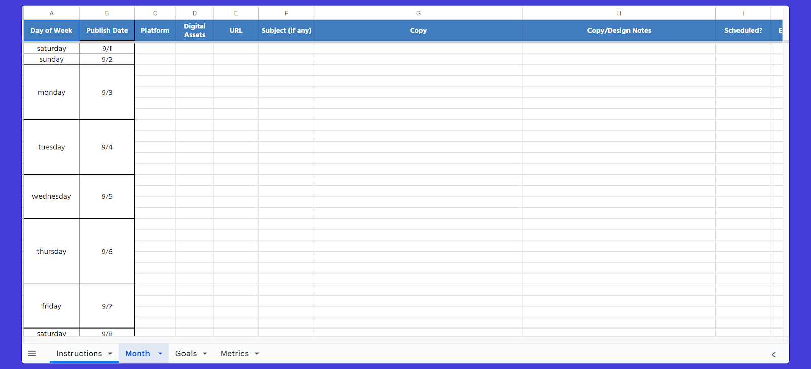 Social media content calendar Google Sheets template