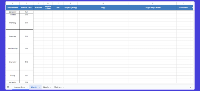 Social media content calendar Google Sheets template