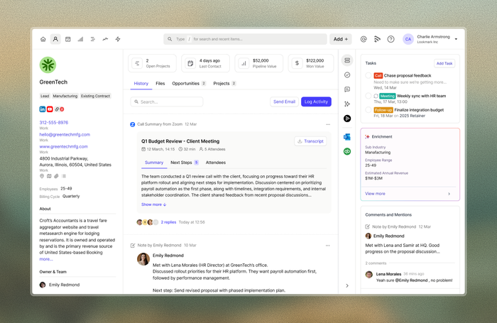 example contact with meeting summary and transcript logged by zoom integration