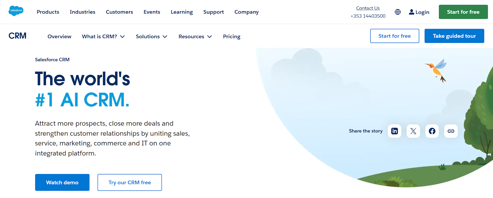 Salesforce CRM homepage with the headline "The world's #1 AI CRM" and an illustration of a hummingbird flying over green hills.