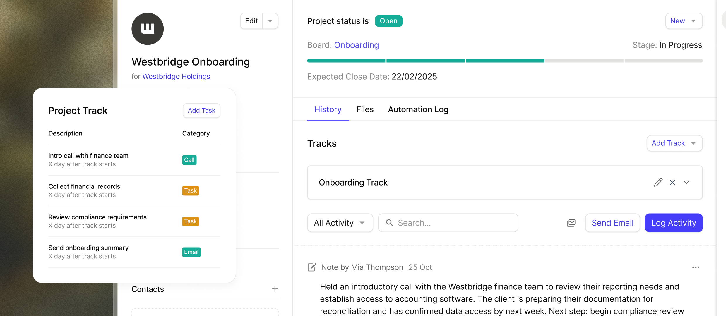 The Capsule CRM project tracking displays a kanban board with project cards organized by status columns, showing project details and progress for managing accounting client work.