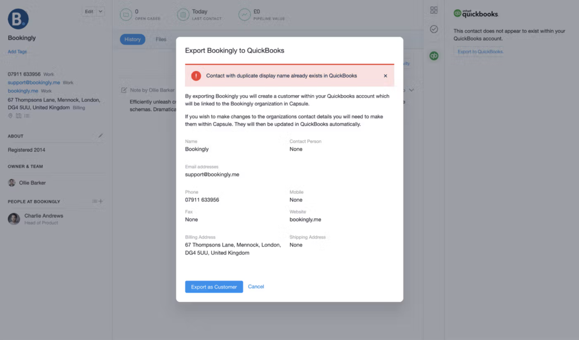 Export to QuickBooks popup with duplicate contact warning.