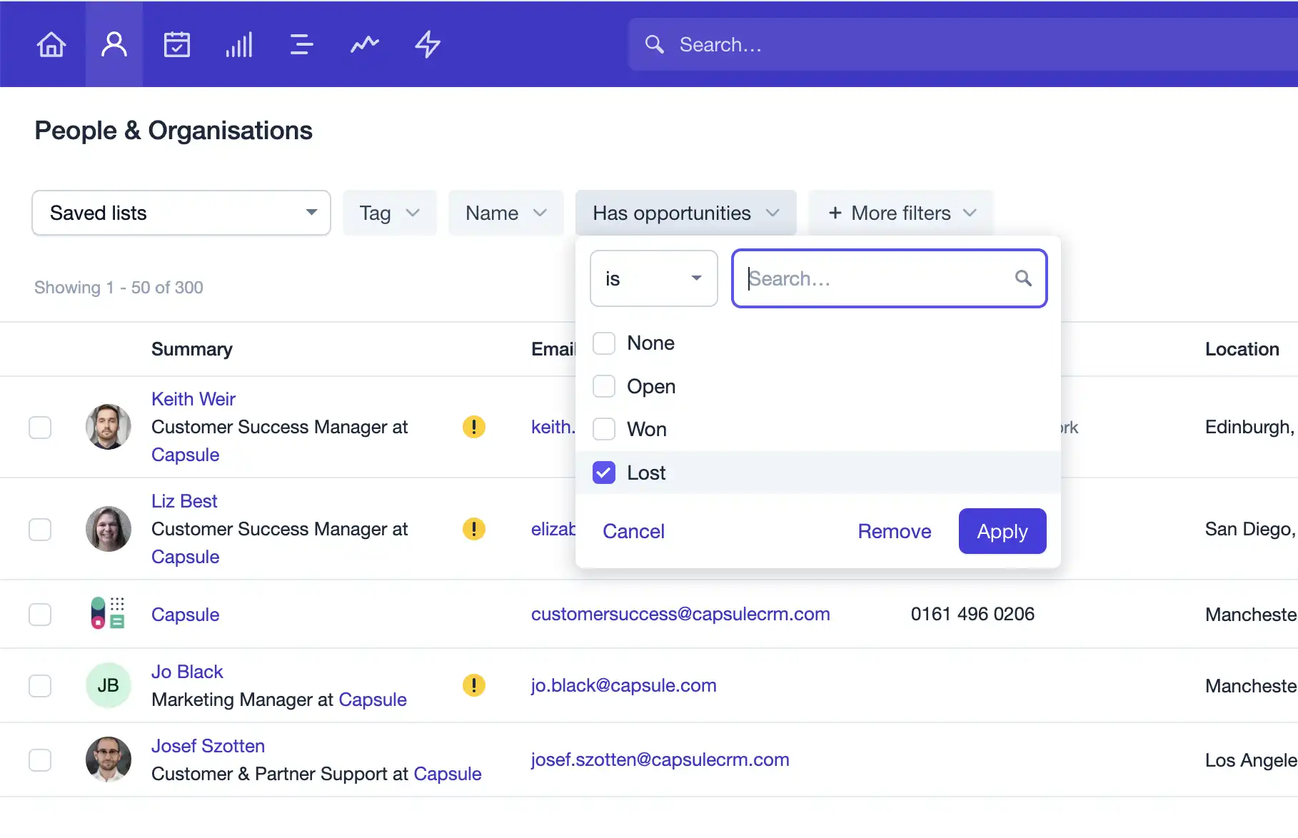 Screenshot of a dynamic list of lost opportunities in the Capsule app