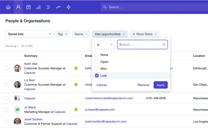 Screenshot of a dynamic list of lost opportunities in the Capsule app