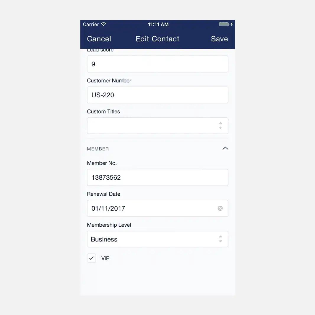 Edit contact mobile view.