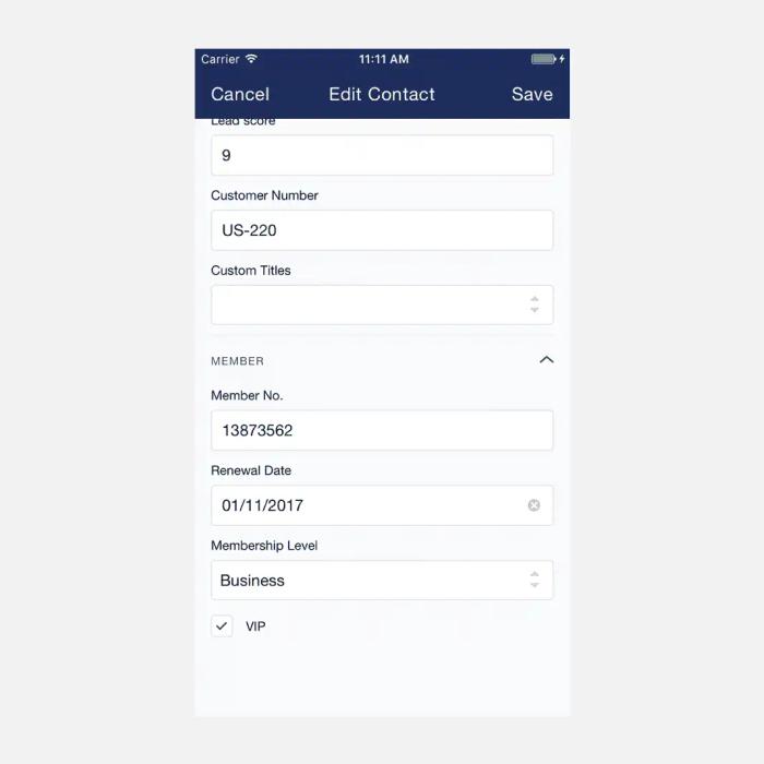 Edit contact mobile view.