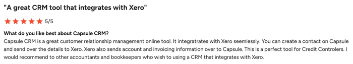 a review for capsule crm that says " a great crm tool that integrates with xero "