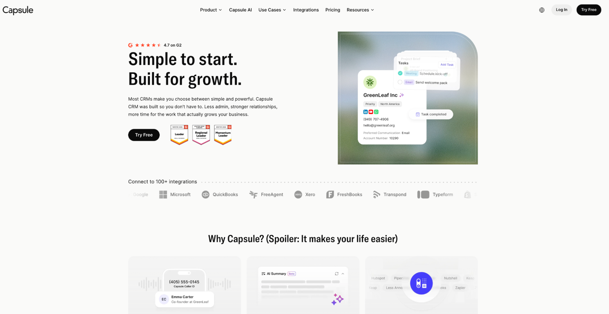 Capsule CRM website homepage showcasing its interface with tasks and contact details, and the slogan "Simple to start. Built for growth."