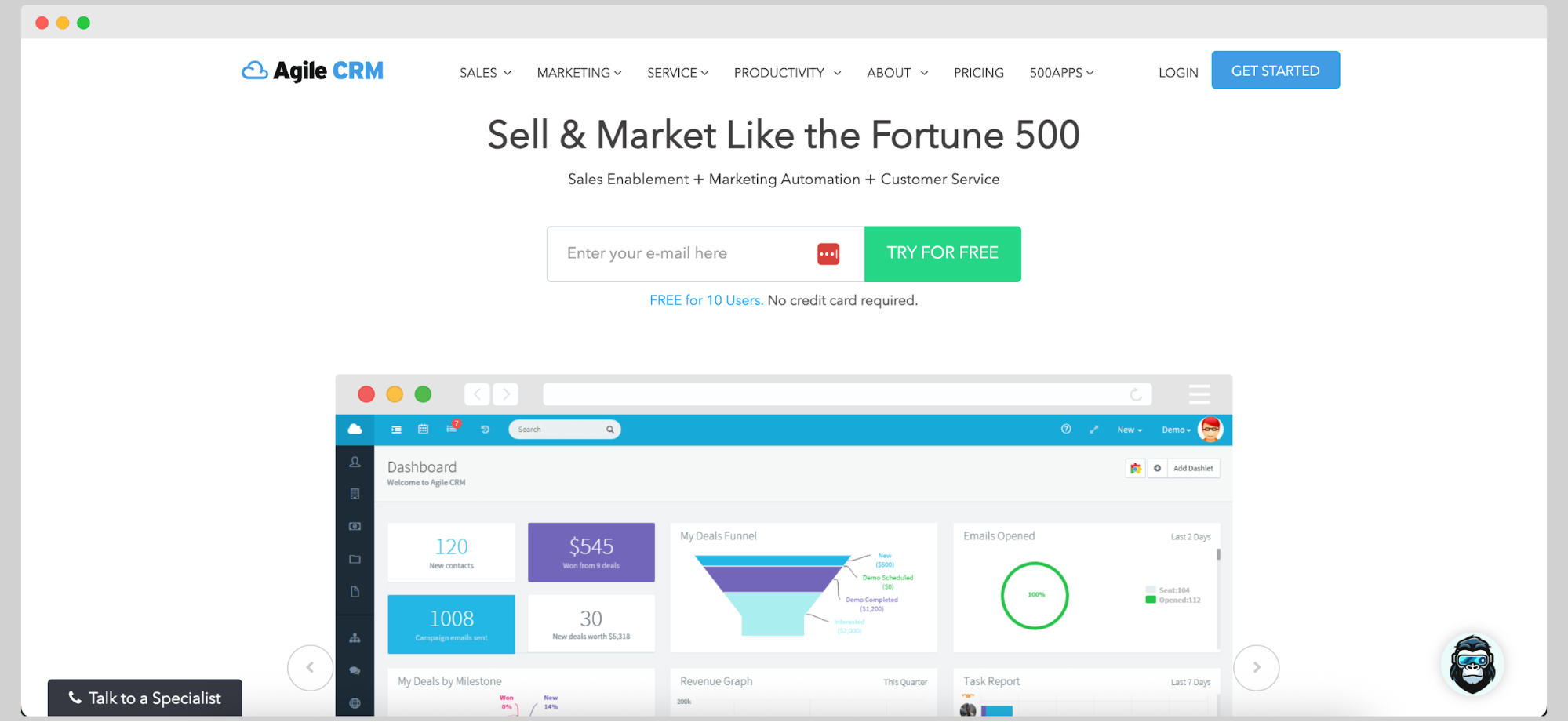 Página de inicio de Agile CRM con el eslogan 'Vender y comercializar como las Fortune 500', mostrando una vista previa del panel de control, captura de correos electrónicos y acceso gratuito para hasta 10 usuarios.
