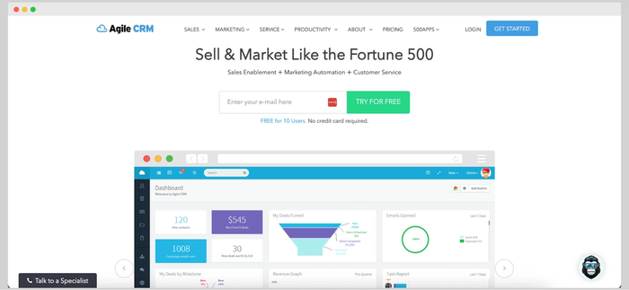 Agile CRM homepage with the tagline ‘Sell & Market Like the Fortune 500,’ featuring dashboard preview, email capture, and free access for up to 10 users.