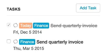 Task list showing recurring quarterly invoice reminders.