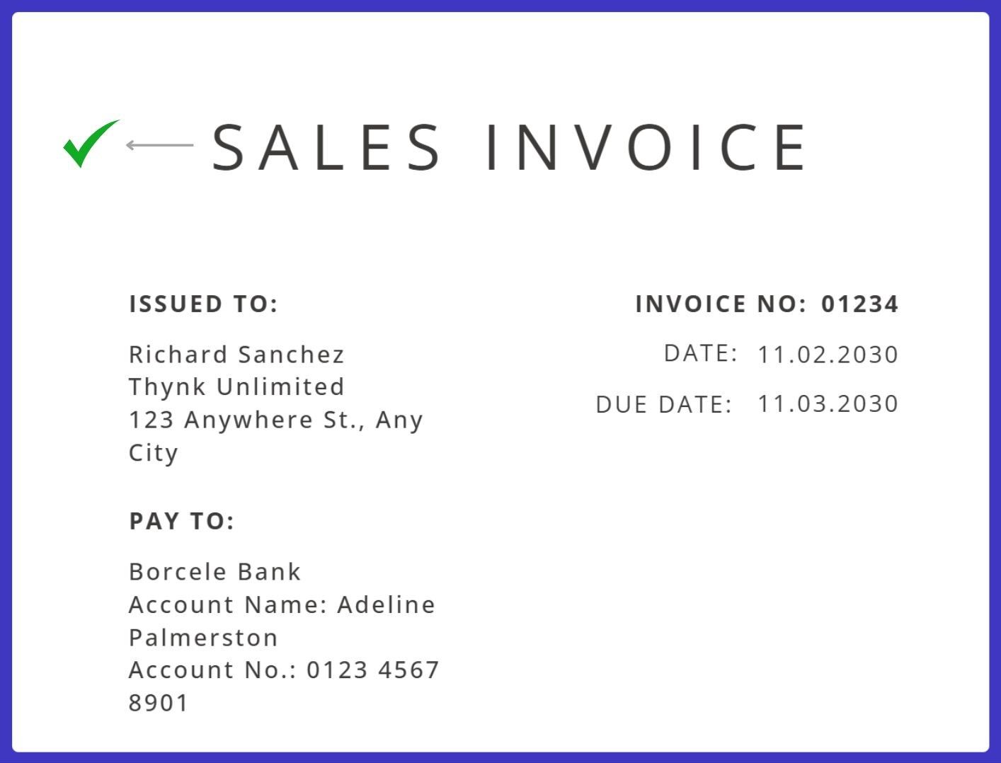 A sales invoice template with a green mark next to the title.