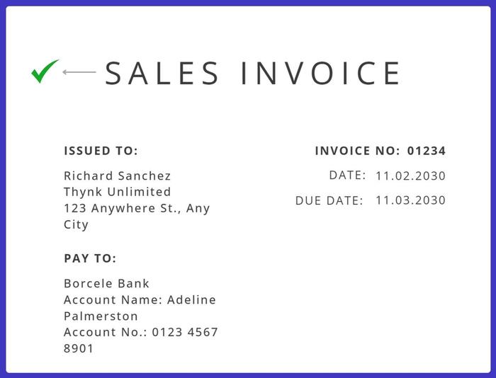 A sales invoice template with a green mark next to the title.